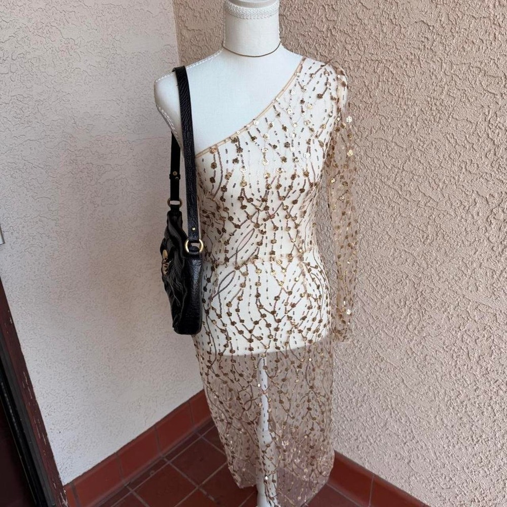 Gold sequin see through one shoulder dress with long sleeves